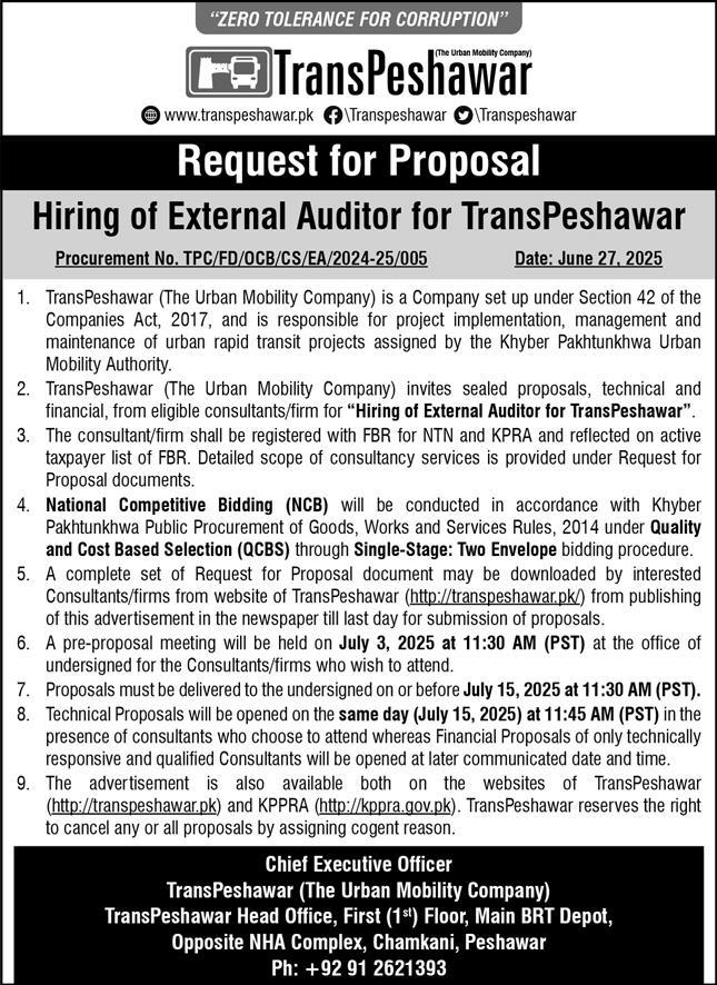 TransPeshawar Tender Notice